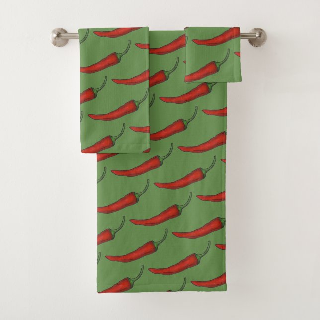 Red Green Hot Spicy Chilli Chile Pepper Vegetable Bath Towel Set (Insitu)