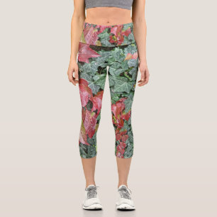Red green ivy leaves fall autumn season capri leggings