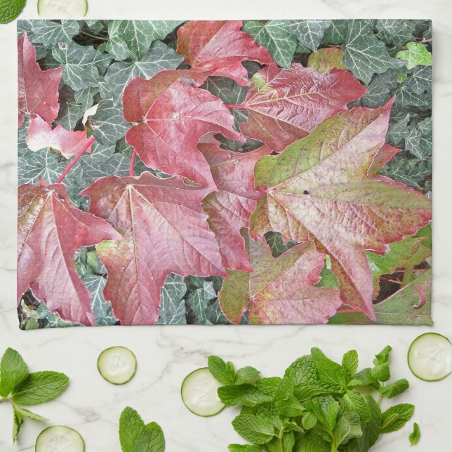 Red green ivy leaves fall autumn season tea towel (Folded)