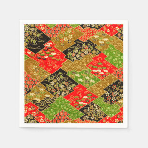 Red Green Japanese Kimono Floral Decoupage Paper Napkin
