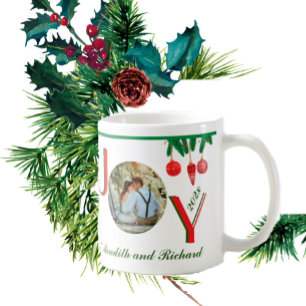 Red Green JOY Lettering I Photo Names Christmas Coffee Mug