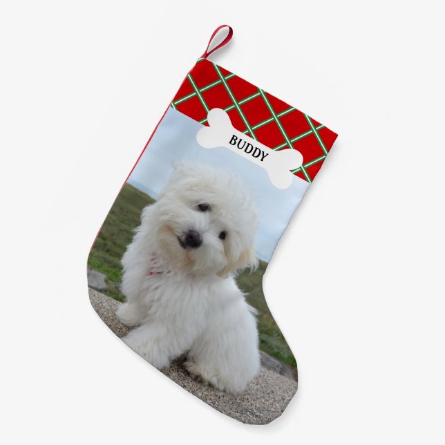 Red Green Lines Dog Bone Pet Photo Small Christmas Stocking (Front (Hanging))
