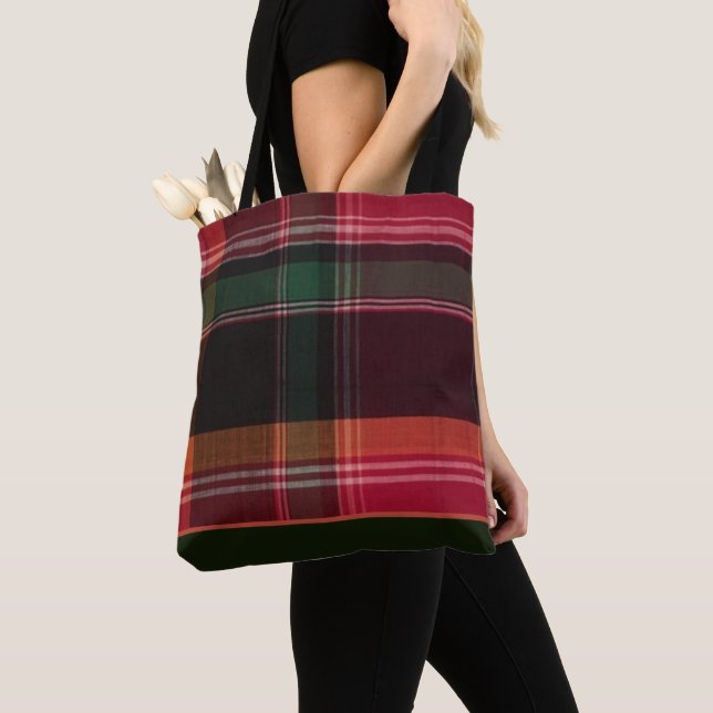 Red Green Madras Plaid Tote Bag (Close Up)