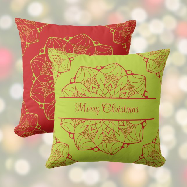 Red & Green Mandala Christmas Colours Throw Pillow (Creator Uploaded)