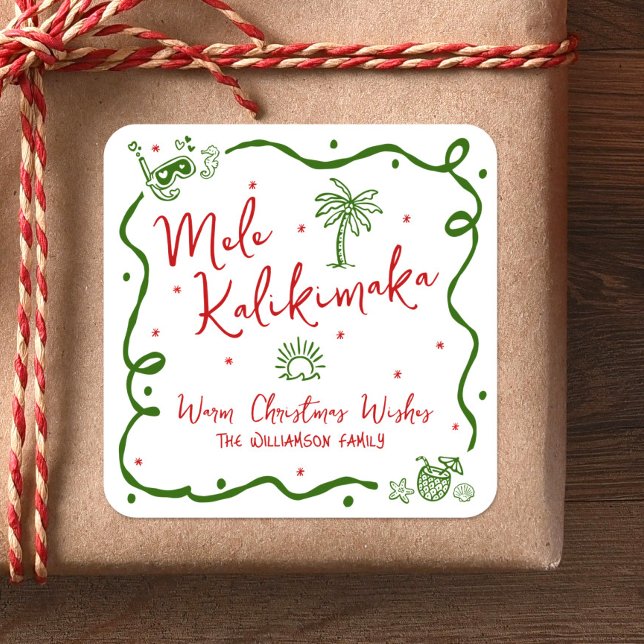 Red Green Mele Kalikimaka Hand Drawn Fun Christmas Square Sticker (Creator Uploaded)