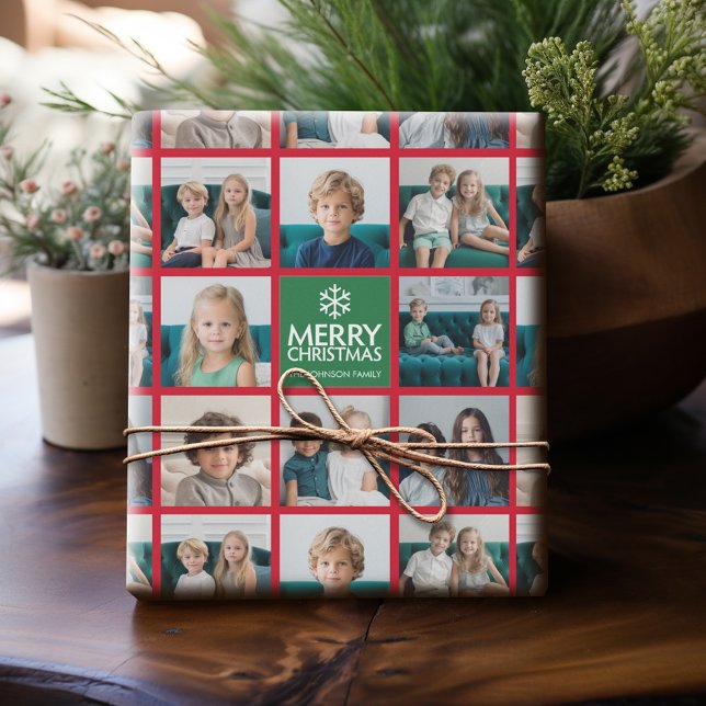 Red & Green Merry Christmas 8 Photo Collage Wrapping Paper (Personalized Photo Wrapping Paper)