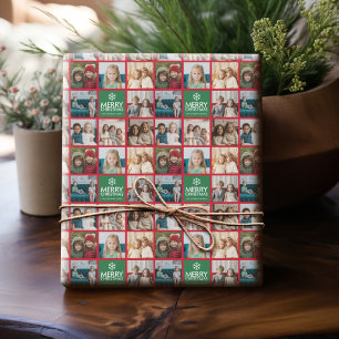 Red & Green Merry Christmas 8 Photo Collage Wrapping Paper