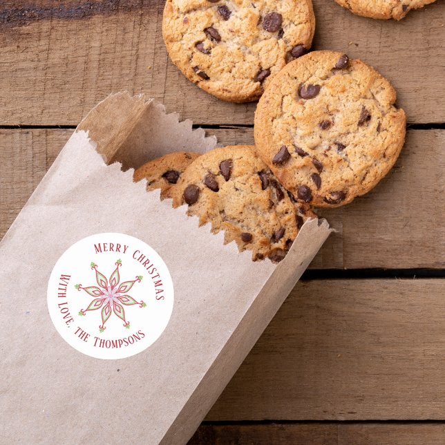 Red Green Merry Christmas Snowflake Custom Classic Round Sticker (Merry Christmas colorful red and green whimsical snowflake gift sticker. )