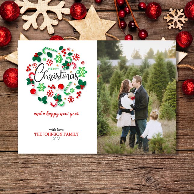 Red Green Merry Christmas Wreath Holiday Card (Creator Uploaded)