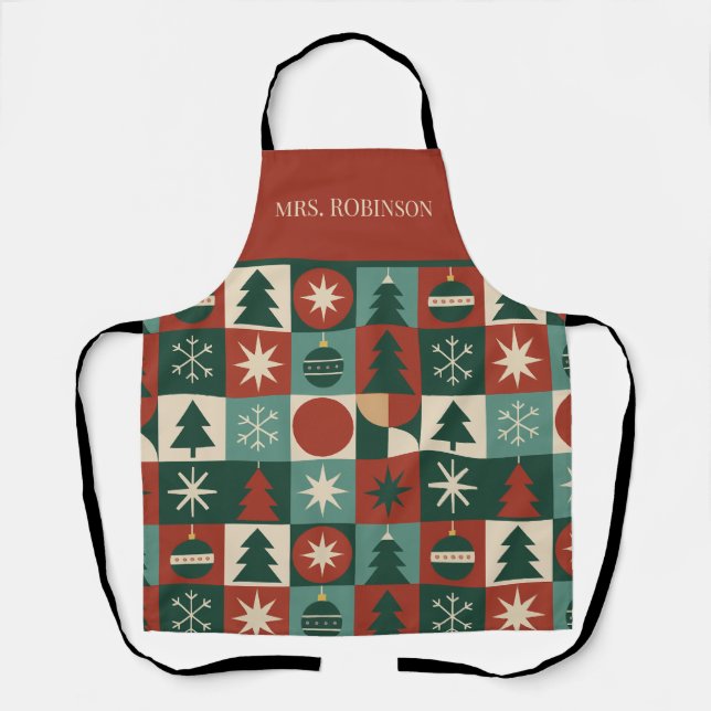 Red Green Mid Century Modern Chequered Holiday  Apron (Front)