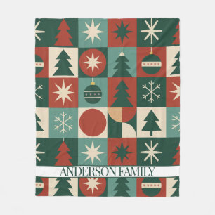 Red Green Mid Century Modern Chequered Holiday Fleece Blanket