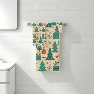 Red Green Mid Century Modern Holiday Bath Towel Set