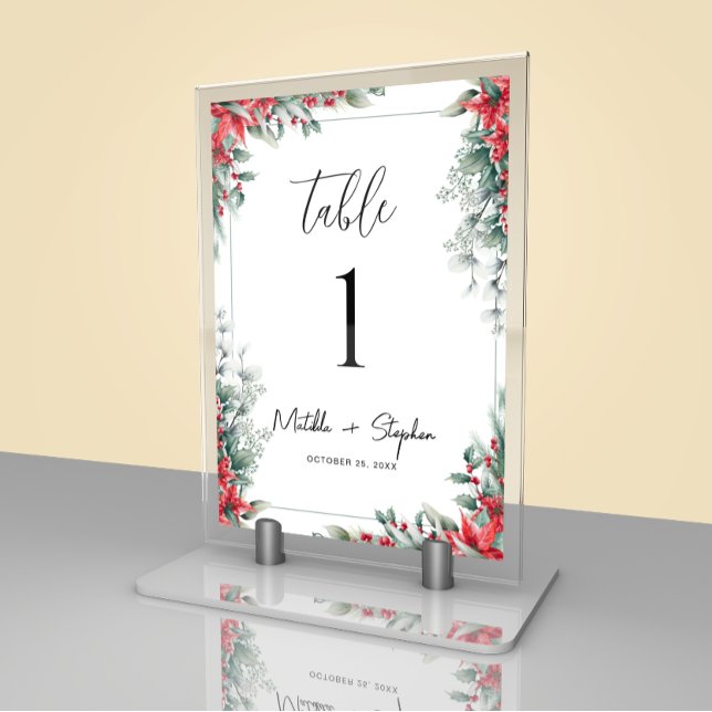 Red & Green Minimalist Floral Christmas Wedding Table Number (Creator Uploaded)
