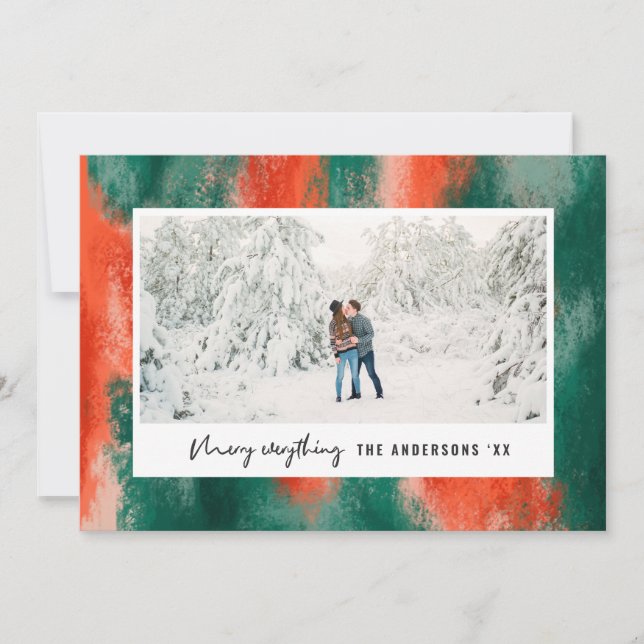 Red + green modern abstract painted photo holiday card (Front)