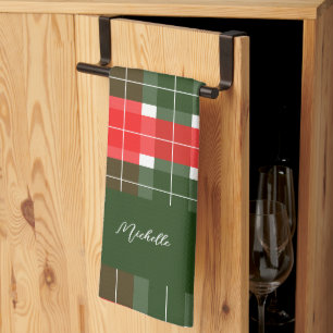 Red Green Modern Tartan Christmas Pattern Tea Towel