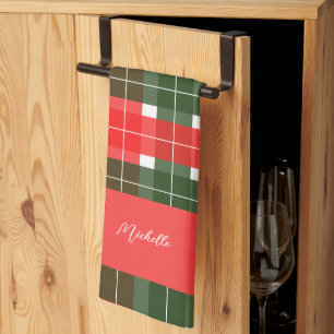 Red Green Modern Tartan Christmas Pattern Tea Towel