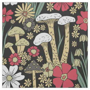 Red & Green Mushrooms & Flowers Fabric