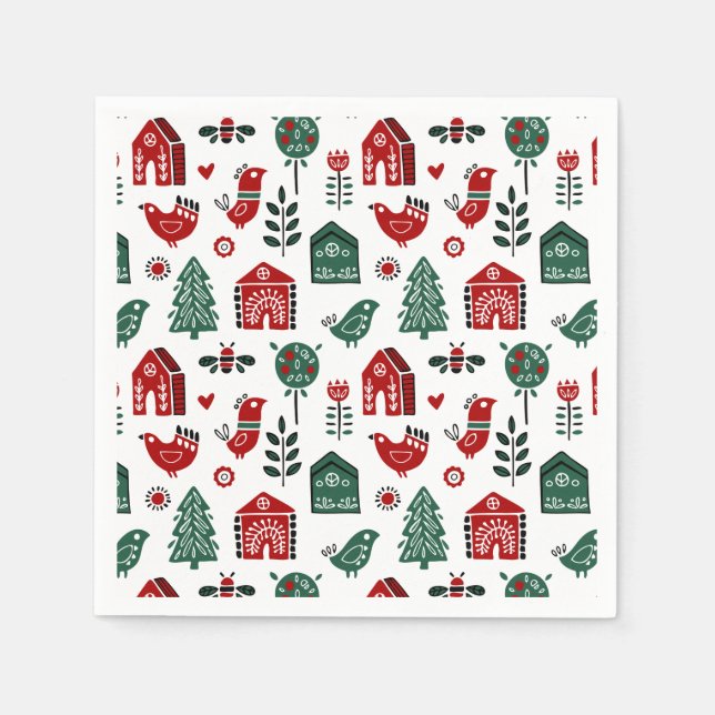 Red & Green Nordic Scandinavian Christmas Pattern Napkin (Front)