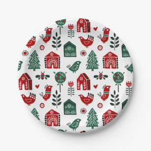 Red & Green Nordic Scandinavian Christmas Pattern Paper Plate