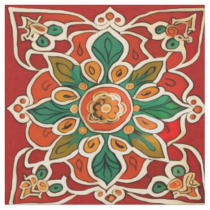 Red Green Orange Yellow Azulejos Floral Pattern Fabric