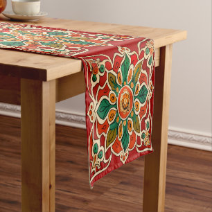 Red Green Orange Yellow Azulejos Floral Pattern Short Table Runner