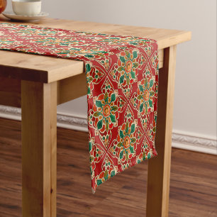 Red Green Orange Yellow Azulejos Floral Pattern Short Table Runner