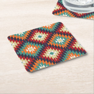 Red Green Orange Yellow Black White Oriental Kilim Square Paper Coaster