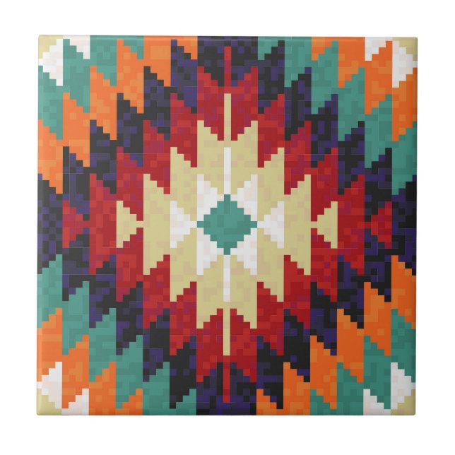 Red Green Orange Yellow Black White Oriental Kilim Tile (Front)