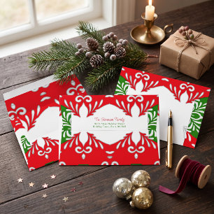 Red Green Ornate Folk Art Holiday Return Address Envelope