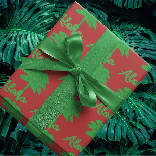 Red Green Palm Aloha Tropical Holiday Wrapping Paper