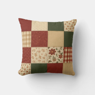 Red Green Patchwork Quilt Rustic Farmhouse  Cushion