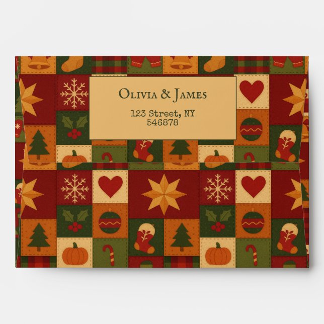 Red Green Patchwork Quilt Rustic Farmhouse Floral Envelope (Back (Top Flap))