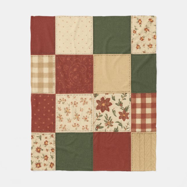 Red Green Patchwork Quilt Rustic Farmhouse Floral  Fleece Blanket (Front)