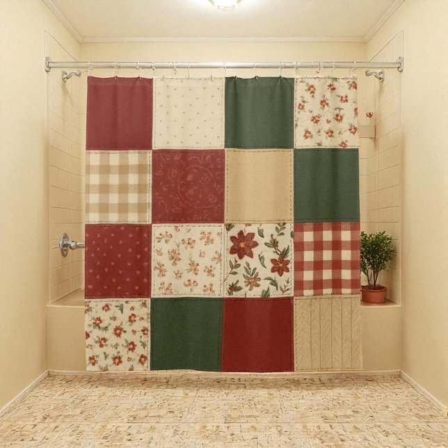 Red Green Patchwork Quilt Rustic Farmhouse Floral Shower Curtain (Creator Uploaded)