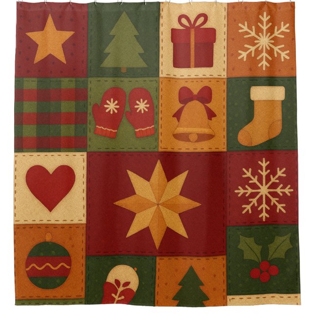 Red Green Patchwork Quilt Rustic Farmhouse Floral Shower Curtain (Front)