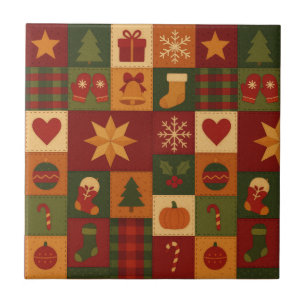 Red Green Patchwork Quilt Rustic Farmhouse Floral Tile