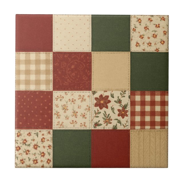 Red Green Patchwork Quilt Rustic Farmhouse Floral Tile (Front)
