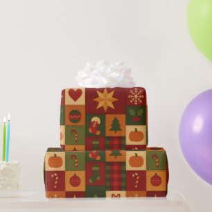 Red Green Patchwork Quilt Rustic Farmhouse Floral Wrapping Paper