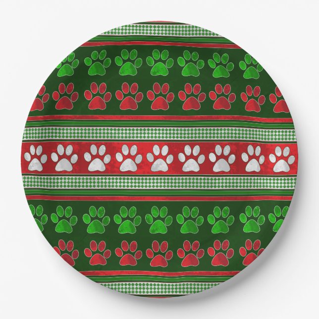 Red green paw print pattern paper plates (Front)