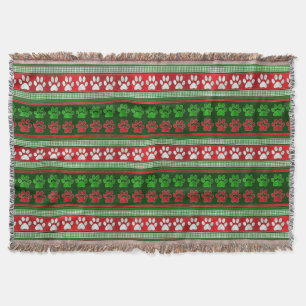Red green paw print pattern throw blanket