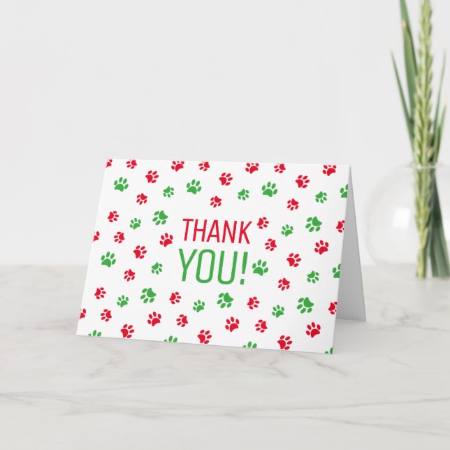 Red Green Paw Prints Holiday Thank You Card (Front)