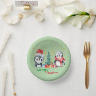 Red Green Penguin Santa Merry Christmas Party Paper Plate
