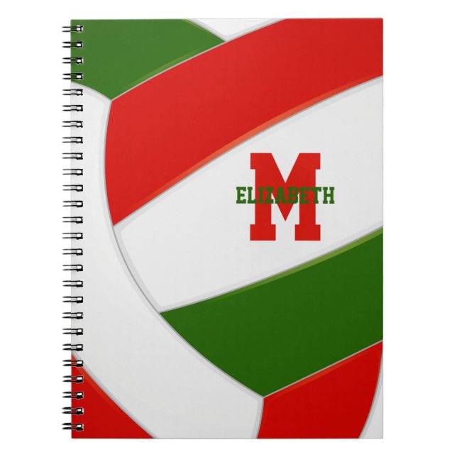 Red green personalised girls boys volleyball notebook (Front)