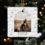 Red green photo arch Christmas saying pattern Ceramic Ornament<br><div class="desc">Modern red green photo arch Christmas saying pattern with joy,  love,  believe,  peace,  falalala  text pattern with snowflake and mistletoe. All the colours are editable.</div>