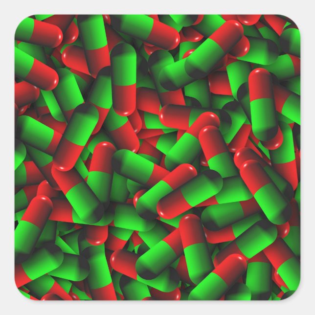 red green pills drugs square sticker (Front)