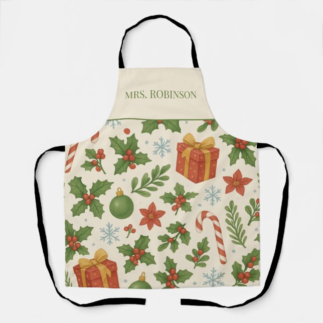 Red Green Pine and Berries Holiday Boho Watercolor Apron (Front)