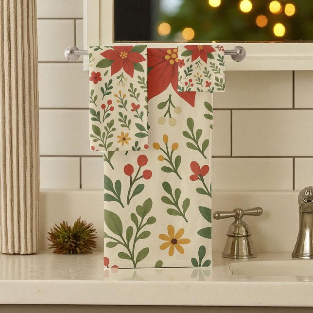 Red Green Pine and Berry Holiday Botanical  Bath Towel Set (Creator Uploaded)