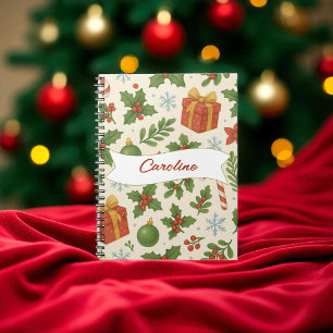 Red Green Pine and Berry Watercolor Holiday Notebook