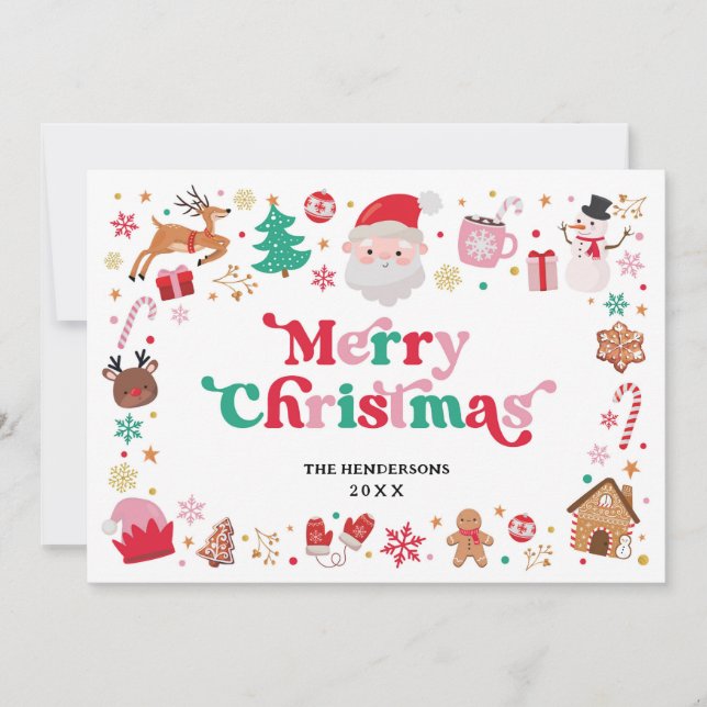 Red Green Pink Santa Merry Christmas Winter Holiday Card (Front)