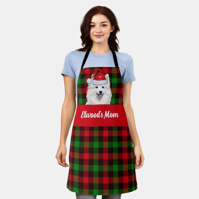 Red Green Plaid American Eskimo Dog Christmas Apron (Worn)